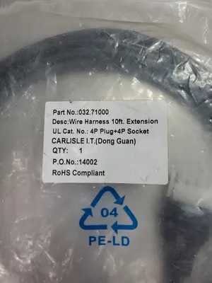 Carlisle P/N:032.71000 10’ Extension Wire Harness, 4P Plug + 4P Socket. 5D-3