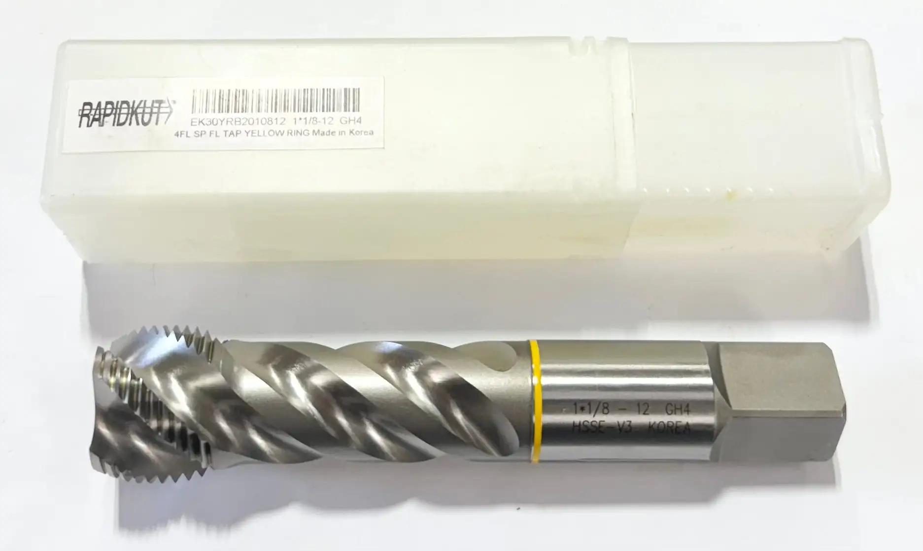 RapidKut 1-1/8"-12 HSSE-V3 Spiral Flute Semi-Bottoming Tap Yellow Ring 4FL GH4