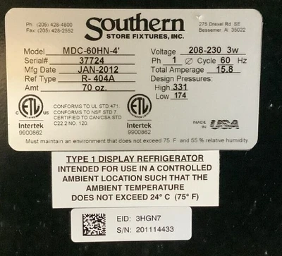 152-0345 Southern CaseArts MDC-60HN-4 Self Contained Multi Deck Display Cooler