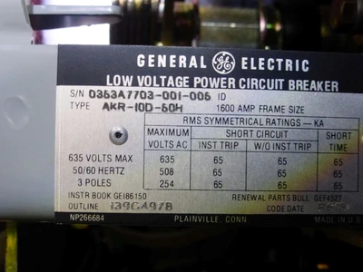3200A GE AKD-8 Switchgear, 480V, x6 1600A, x1 3200A Bkrs
