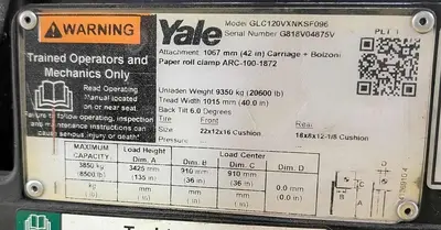12,000 POUND YALE GC120VXPRS FORKLIFT WITH 72" SPLIT FRAME BOLZONI CLAMP 2 STAGE