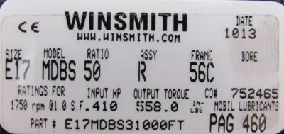 NEW WINSMITH E17MDBS31000FT GEAR REDUCER 50:1 E17-MDBS