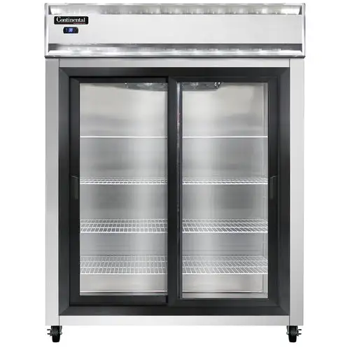 Continental 2RESNSGD 57" Two Section Reach In Refrigerator, (2) Sliding Glass Doors, Top Compressor, 115v
