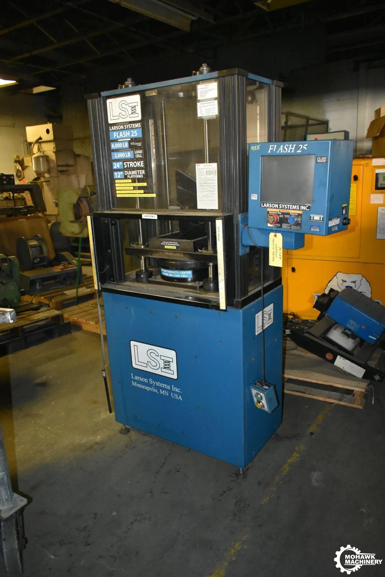 2000 LB LARSON SYSTEMS INC (LSI) "FLASH 25" MOTORIZED SPRING TESTER w/2000 LB LOAD CAPACITY - 12" PLATFORM