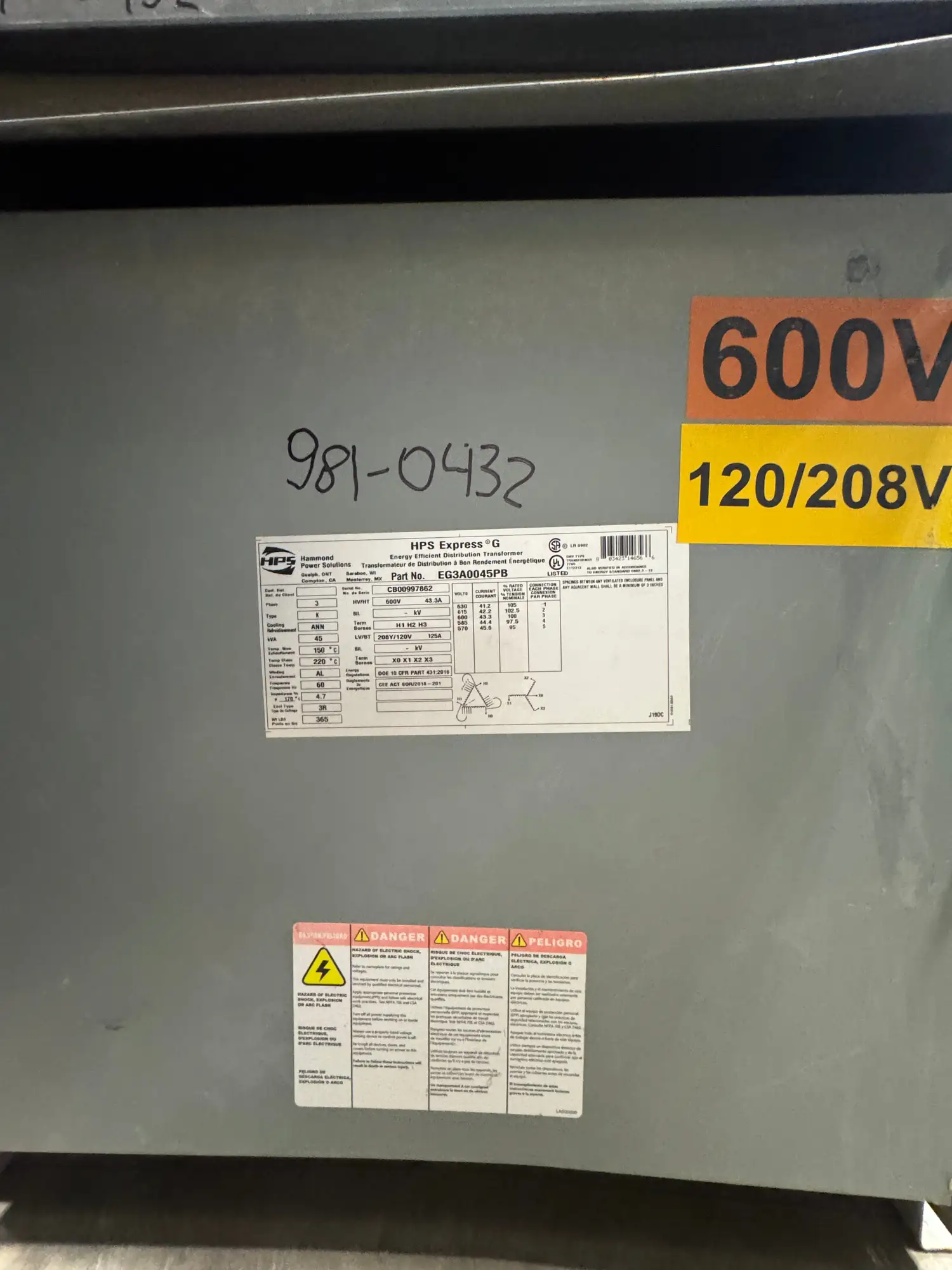 45 KVA 600V to 208Y/120V Isolation Transformer