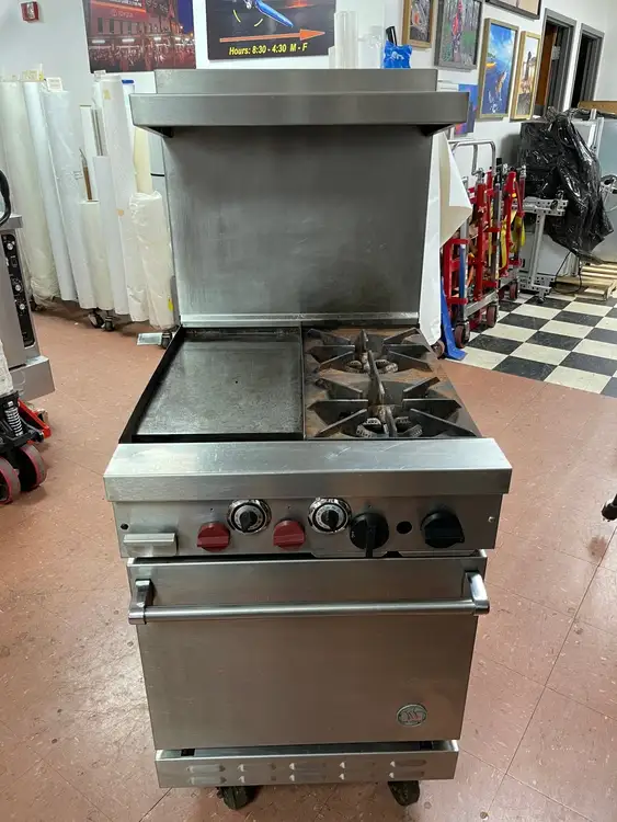 Used US Range Used U.S. Range Natural Gas 2 Burner 24" Range with 12" Flat Top Griddle and Oven Commercial Ranges Illinois US | Falcon Restaurant Supply #1376407