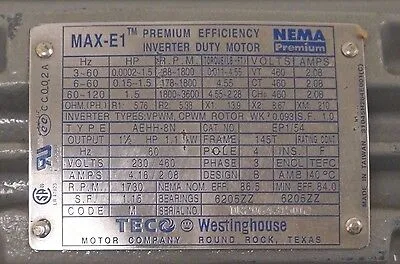 NEW TECO WESTINGHOUSE EP1/54 MOTOR 1.5HP, EP154 7/8" DIA.