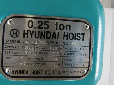 Hyundai HC-H025 0.25 1/4 Ton 500 Lbs 12' Lift 8.7m/min 220V Electric Chain Hoist