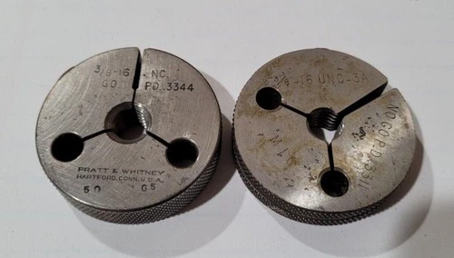 Set 3/8-16 UNC/NC3A GO and NO GO Set Thread Ring Gage P.D. .3344 and .3311 Gages