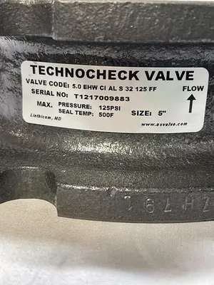 New | in-Stock TECHNOCHECK TECHNOCHECK VALVE. CODE :5.0 EHW CI AL S 32 125FF T1217009883 125PSI 500F SIZE 5” Pump & Valve Parts | ND Industrial Surplus #1215479