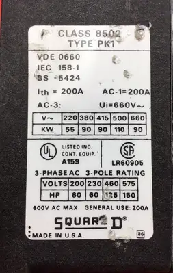 SQUARE D CONTACTOR 8502 PK1.11L SER A 220-660V 60-150HP 3P 200A. 4D