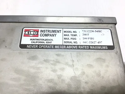 King Instrument 73112230-54MC Variable Area Flow Meter Max 200PSIG 200°F Temp