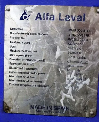 Alfa-Laval MMB 305S-11 lube oil purifier module, SS.