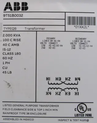 NEW ABB 9T51B0032 TRANSFORMER 2 KVA TYPE QB