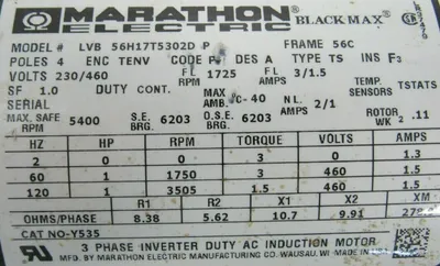 USED MARATHON ELECTRIC LVB-56H17T5302D-P MOTOR 1HP 230/460V 5/8" LVB56H17T5302DP