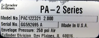 NEW SCHRADER BELLOWS PAC122321 PNEUMATIC CYLINDER PA-2 SERIES 2" STROKE 250 PSI
