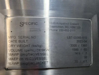 Brand new Specific Brewing Distilling Tank # 2454