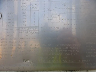 3750 KVA GE Silicone Transformer, 13.8KV Pri, 2400Y/1385V Sec