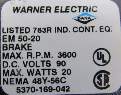 NEW WARNER ELECTRIC 5370-169-042 BRAKE 5370169042 EM50-20