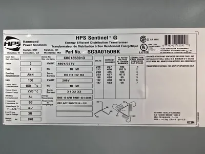 NEW 150 KVA STEP UP Dry Transformer 208 Delta to 480Y/277 Hammond SG3A0150BK 3R