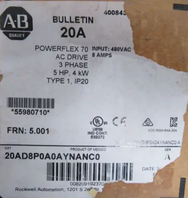 ALLEN BRADLEY 20AD8P0A0AYNANC0 POWER FLEX 70 SER.A 5HP NEW SURPLUS