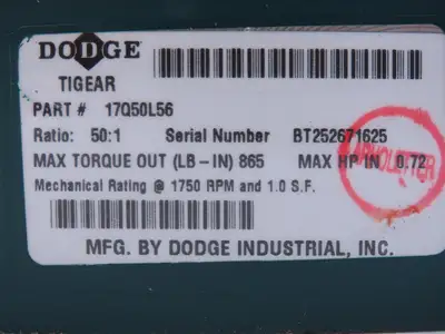 Dodge Tigear 17Q50L56 Worm Gearbox 50:1 Reducer 35rpm 0.72Hp 56C LH Output