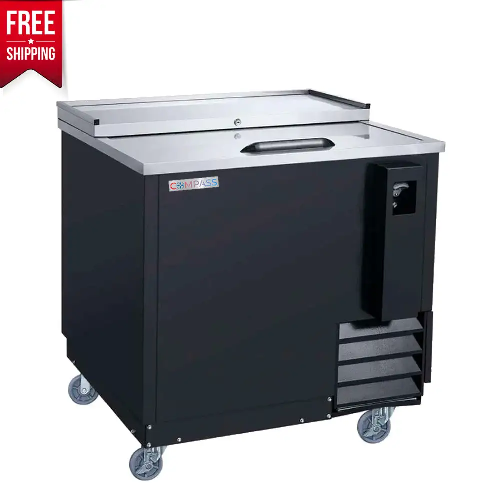 Compass 36.75" Forced Air Bottle Cooler A€“ Stainless Steel, Locking Sliding Lids, Built-In Bottle Opener, 115V