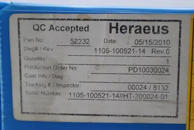 Heraeus Pedestal Fin Quartz 52232 1105-100521-14 Rev.0 New Open Box #2675