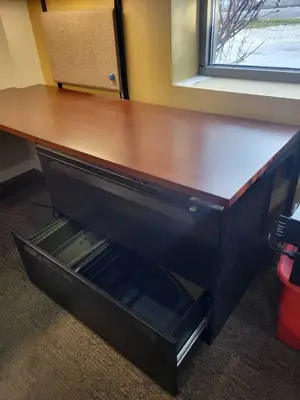 Cherry Colored Wood U-Shape Desk with Herman Miller Action Office Roll-Top Desk Wall Unit and File Cabinet 72x96