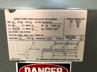 USED 40 KVA Dry Type Transformer 460 Delta 460Y/266 40T145HDIT TESTED