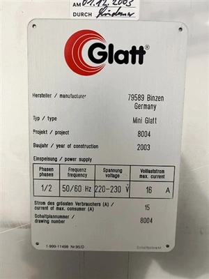 Used MINI-GLATT _UNKNOWN_ Fluid Bed Dryers Connecticut US | DMC Industries #1281555