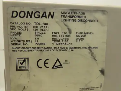 Dongan TDL-200 Enclosed Transformer Disconnect 1KVA 480V Pri 120V Sec 1PH