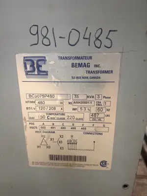 75 KVA - 480V to 208Y/12V 3 Phase Isolation transformer