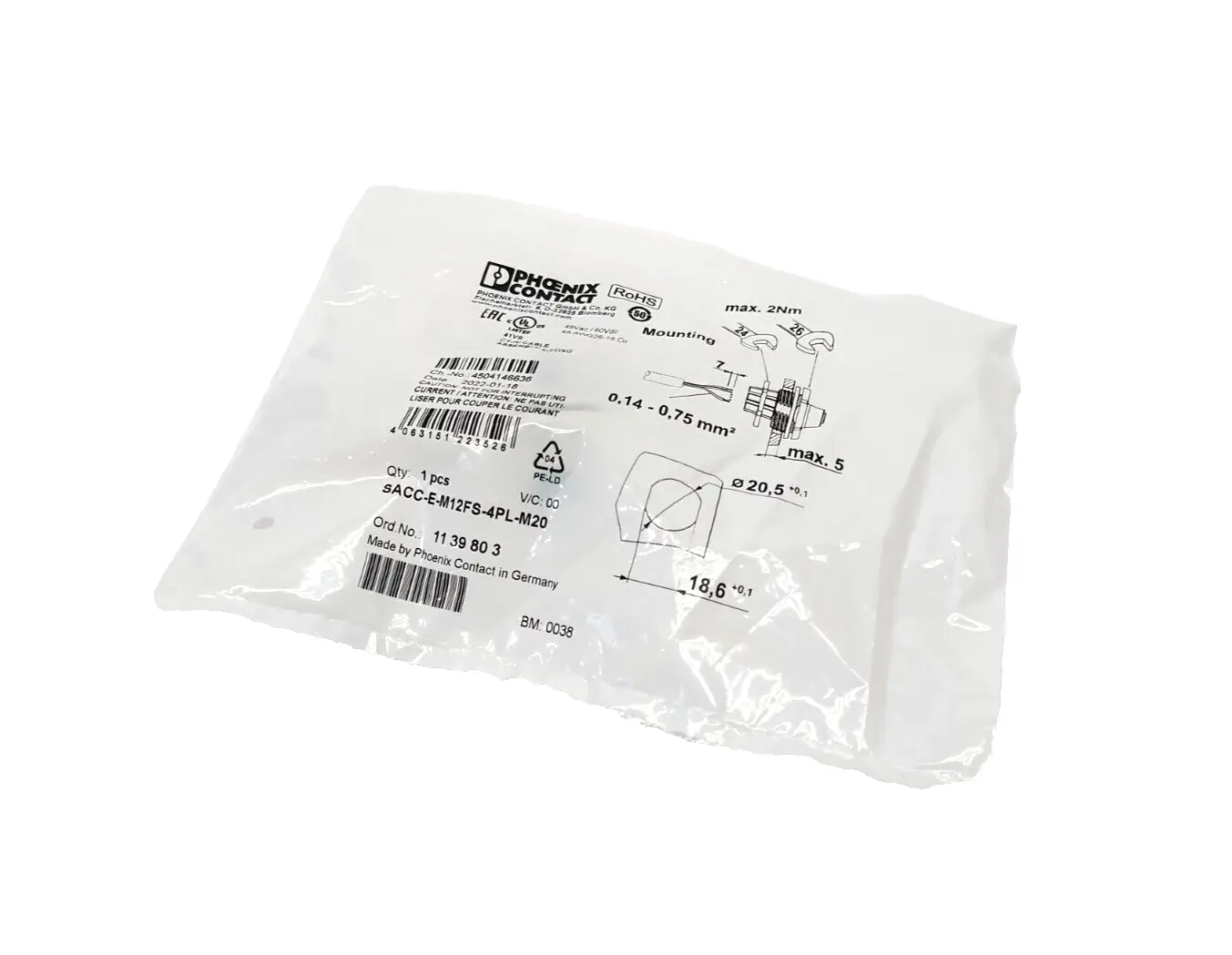 1139803,SACC-E-M12FS-4PL-M20 | Phoenix Contact SACC-E-M12FS-4PL-M20 Panel Connector M12 4-Pin Female 1139803 - New