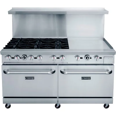 New | in-Stock Dukers New Dukers DCR60-6B24GM 60" Gas Range with Six (6) Open Burners & 24" Flat Top Griddle Commercial Ranges Illinois US | Falcon Restaurant Supply #1376298
