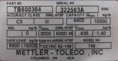 NEW METLER TOLEDO TB600364 LOAD CELL 10000LB