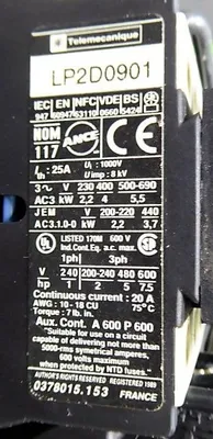 7.5 HP Telemecanique LP1 D0901 Reversing Contactor Assembly 1000V 8kV Used