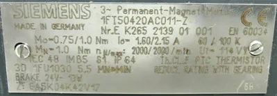 USED SIEMENS 1FT50420AC011-Z SERVO MOTOR 1FT50420AC011Z