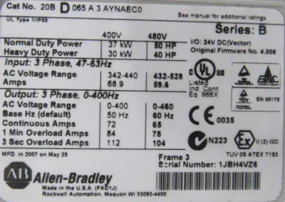 USED ALLEN BRADLEY 20BD065A3AYNAEC0 POWERFLEX 700 DRIVE 50HP SER.A