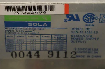SOLA ELECTRIC SLD-15-1515-15 POWER SUPPLLY SLD15151515