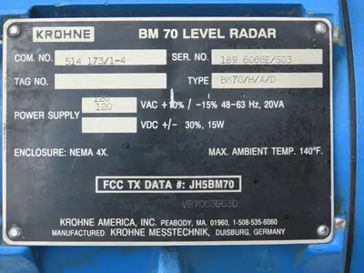 Krohne BM70 Level Radar Digital Signal Processing Volume Distance 120VAC
