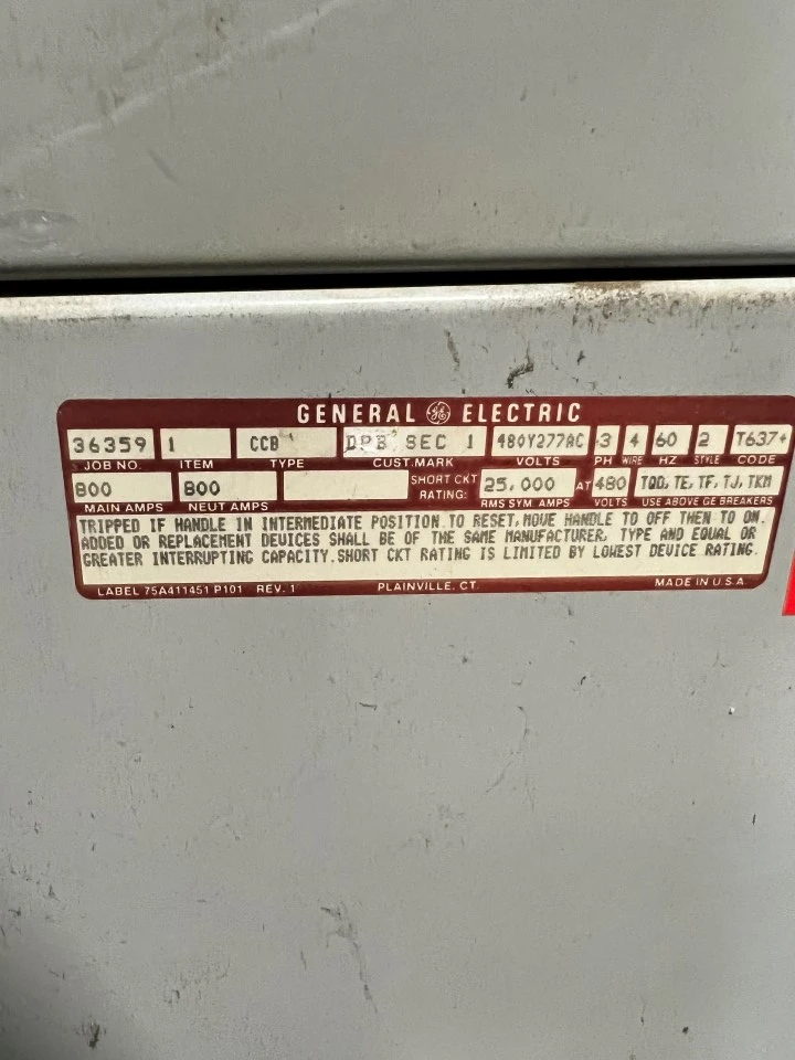 800A GE DPB SEC 1 CCB Main Lug Breaker Distribution Panel, 480Y/