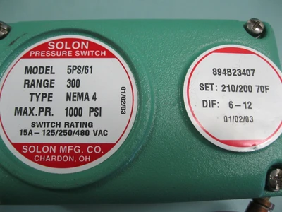 Solon Mfg Co 5PS/61 Pressure Switch 300 PSI H17