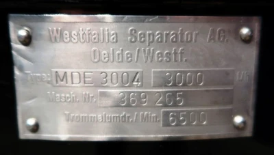 Westfalia MDE 3004 hot milk separator, SS.