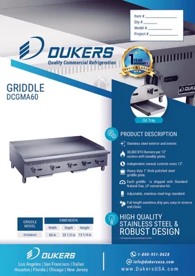 New | in-Stock Dukers New Dukers DCGMA60 60 in. W Flat Top Griddle with 5 Burners Commercial Flat Top Griddles Illinois US | Falcon Restaurant Supply #1376272