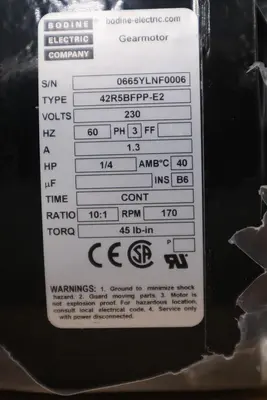 Bodine gear motor 42r5bfpp-e2 230V 3PH 1/4HP 10:1 170 RPM NEW UNIT STOCK H220