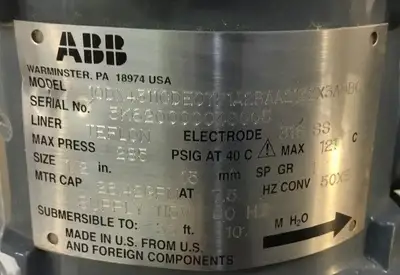 ABB Flow Meter Model 10DX4311CDE07P1A2BAA2132X3ADBC1 1/2 Inch 26.42 GPM 6C