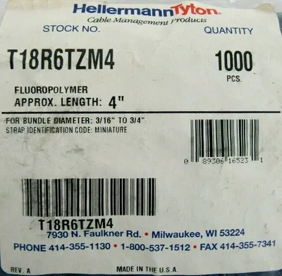 NEW BAG OF 1000 HELLERMANN TYTON T18R6TZM4 CABLE TIES 4"
