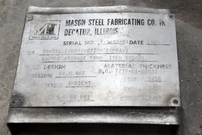Mason Steel Tank, Approximately 2,500 Gallons, Stainless Steel, Vertical.