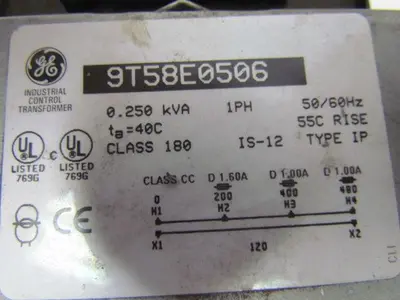 General Electric 9T58E0506 Control Transformer 0.25 KVA HV 200/480 LV 120 1PH
